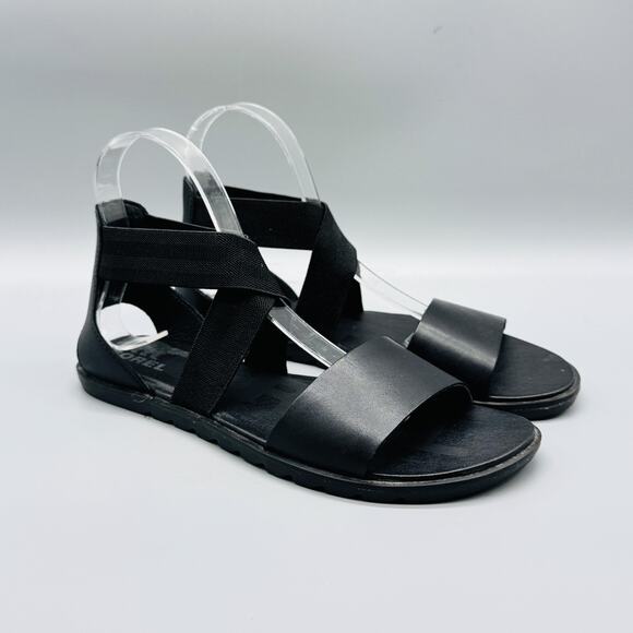 Sorel Sandals Women 8.5 Black Leather Elastic Criss Cross Slingback Flat Comfort - Picture 2 of 12
